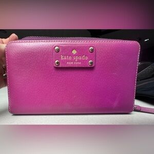 Kate Spade New York Pink Zip Around Wallet Wristlet Leather Polka Dot